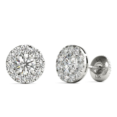 14K White Gold Natural Diamond Halo Earrings Screw Back (1.00 Ctw, AGS Certified GH+/SI2-I1+)